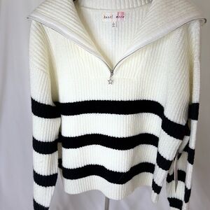 Hazel Moon Cream & Black Striped Half-Zip Turtleneck Sweater